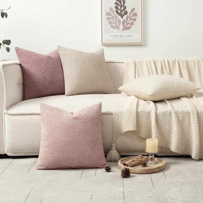 MIULEE Soft Decorative Chenille Pillow Covers Light Pink 16x16 Pack of 4 | Shabby Chic Decor, Romantic Blush Neutral Set, Couch Throw Pillows, Farmhouse Boho Cushion Covers for Sofa Bed Living Room