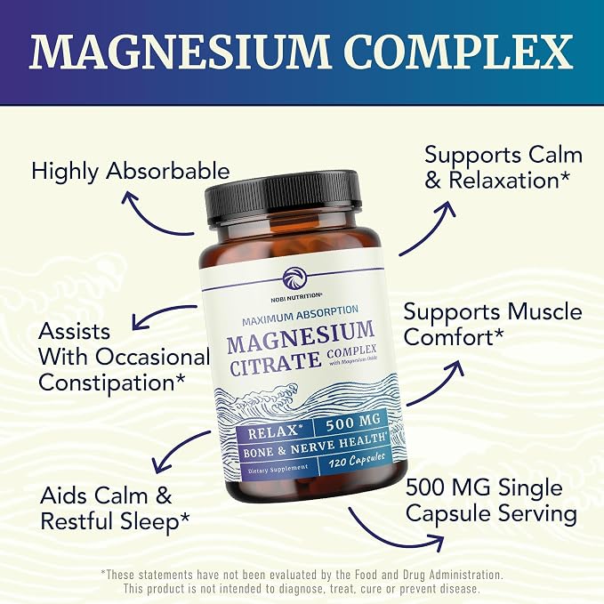 Magnesium Citrate 500 MG (120ct) for Calm & Relaxation | High Absorption Magnesium Supplement with Elemental Mag Oxide | Constipation & Digestion Support | Gluten-Free, Soy-Free | 4-Month Supply