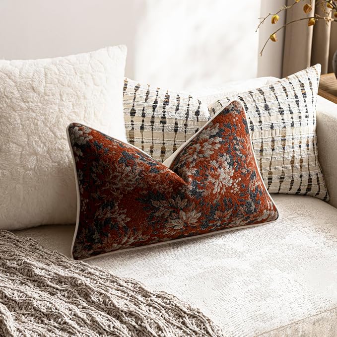 Pack of 2 Vintage Floral Pillow Covers 12x20 Boho Farmhouse Accents Chenille Rectangular Lumbar Decorative Throw Pillow Cases for Living Room Couch Bed Home Decor, Rust