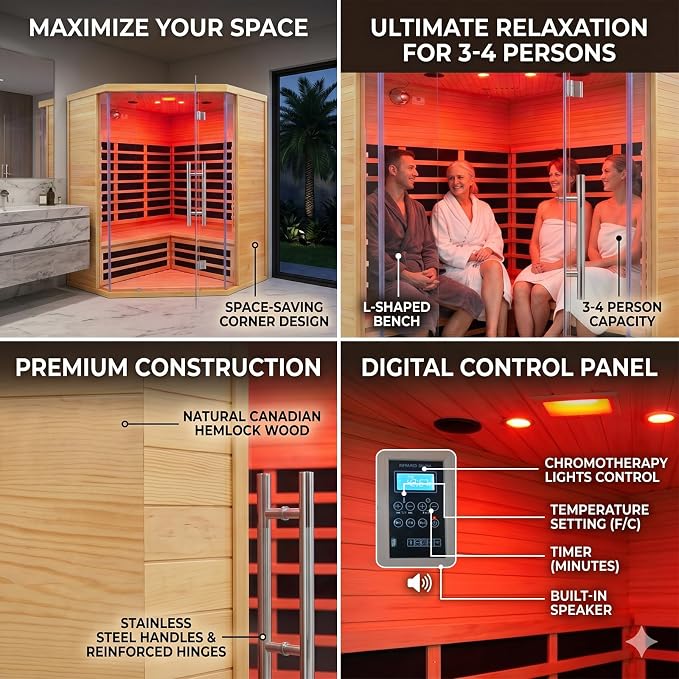 Corner Home Sauna for 3-4 Person | Low EMF Far Infrared Sauna Room with Bluetooth & Chromotherapy | Canadian Hemlock Wood, Space-Saving for Gym/Bedroom (220V, 2880W)