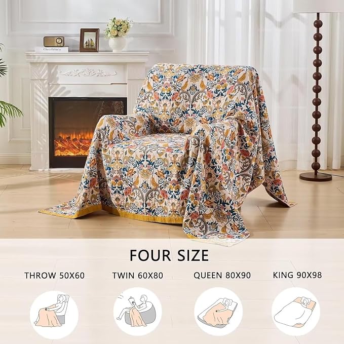 Boho Throw Blanket Farmhouse Decor Throw Blanket Bohemian Blanket for Bed 100% Cotton Muslin Woven Couch Blanket All Seasons Quilt Bedroom (A-Whiite, 90"x98")