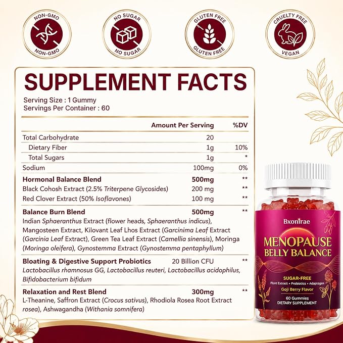 Menopause Supplements for Women Gummies - Black Cohosh & Soy Isoflavones for Menopause Hot Flashes, Belly Burner*, Hormone Harmony & Mood Balance| Sugar-Free,60 Gummies
