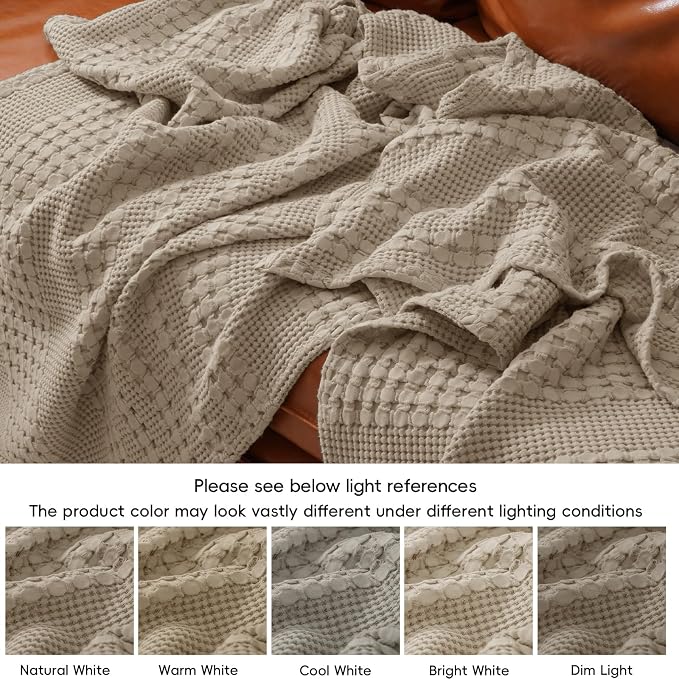 PHF 100% Cotton Waffle Weave Blanket Queen Size, Lightweight Breathable Summer Blanket for Hot Sleepers, Pre-Washed Soft Layer for Bed, Couch, Aesthetic Home Decor & Gift, 90"x90", Taupe