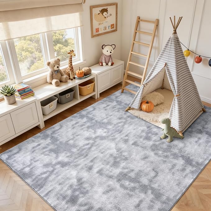 FinRèc 7x10 Washable Area Rugs for Bedroom Living Room, Low Pile Thin Ultra Soft Shag Rug, Non-Slip Carpet Indoor for Home Decor (Tie-dye Grey)