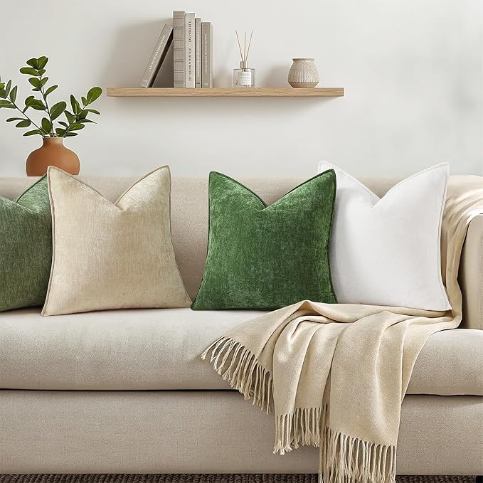decorUhome Chenille Moss Green Velvet Throw Pillow Covers 12x20 Set of 2 | Fall Soft Lumbar Couch Decorative Modern Farmhouse Pillow Cases with Elegant Design for Sofa Bed Living Room Home Decor