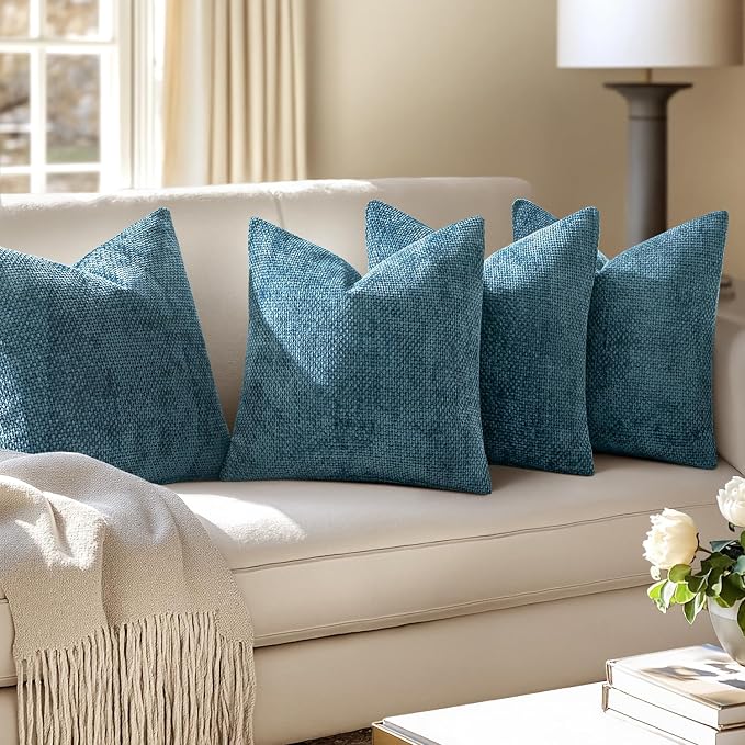 MIULEE Soft Decorative Chenille Pillow Covers Smoke Blue 20x20 Pack of 4 | Coastal Home Decor, All Same Color Set, Couch Throw Pillows, Farmhouse Boho Cushion Covers for Sofa Bed Living Room