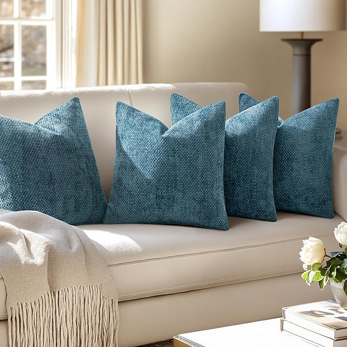 MIULEE Soft Decorative Chenille Pillow Covers Smoke Blue 18x18 Pack of 4 | Coastal Home Decor, All Same Color Set, Couch Throw Pillows, Farmhouse Boho Cushion Covers for Sofa Bed Living Room