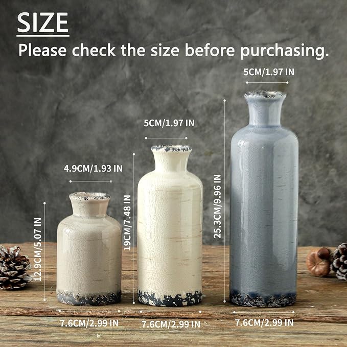 Ceramic Vase Set of 3, Neutral Flower Vases Home Decor, Pottery Rustic Farmhouse Decorative Vases Modern Decor for Table Mantel Entryway Bookshelf Living Room Kitchen Bedroom - Ocean