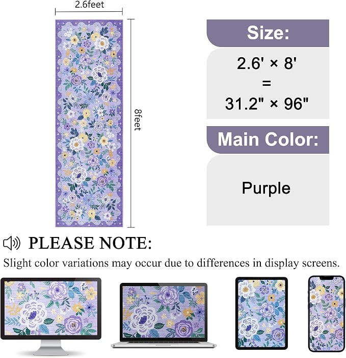 DUKINO 2.6x8 Runner Rug, Washable Runner Rug for Hallway Non Slip, Purple | Low Pile, Soft, Floral Indoor Rug for Kitchen, Entryway, Bedroom, Bathroom, Pet Friendly, Stain Resistant, Modern Home Decor