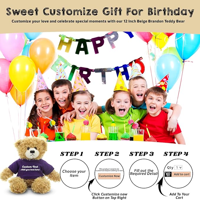 Customized Beige Brandon Bear - 12 inch Personalized Stuffed Bear Plush Toy - Perfect Custom Shirt Bear Gift for Graduation Valentines Graduation Easter Holidays (Purple Shirt)