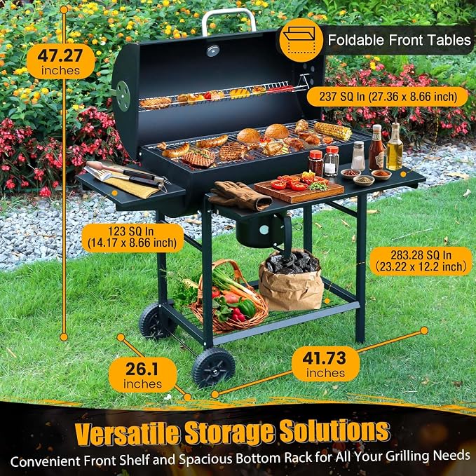 Charcoal BBQ Grills Outdoor: Spacious Barrel Barbecue Grill with Side Front Table - Premium BBQ Smoker Combo for Backyard Cooking Patio Grilling Tailgating Party Camping Picnic