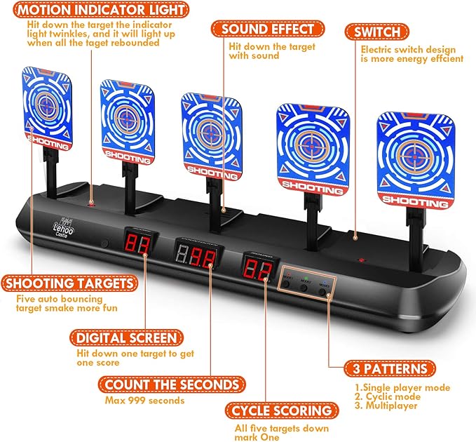 Lehoo Castle Shooting Targets for Nerf, 5 Targets Shooting Games for Kids, Digital Scoring for Nerf Guns Target, Gifts for 5 6 7 8 9 10 Year Old Boy