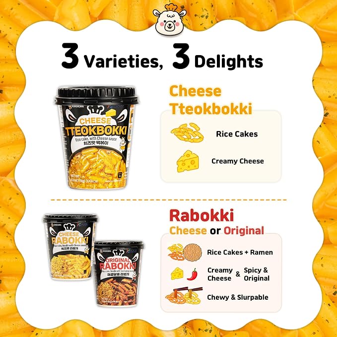 KINIKORA Cheese Instant Rice Cake Cup Snack, Korean Street Food Tteokbokki | Rich cheesy creamy sauce, Topokki style K-food, Chewy texture, Quick 2 min microwave cup meal