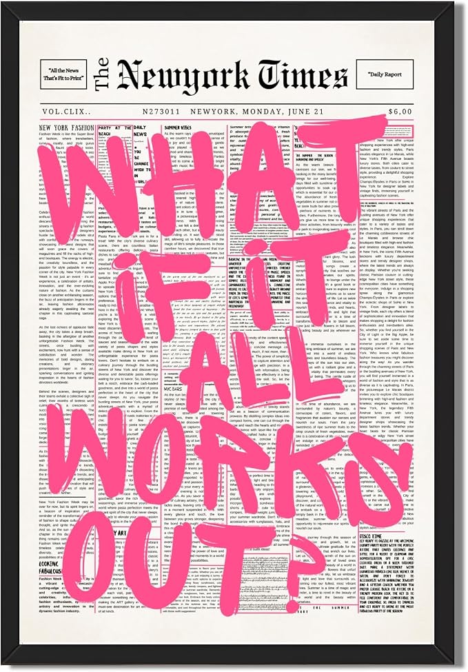 What If It All Works Out Poster Retro Newspaper Pink Wall Art Positive Affirmation Quote Minimalist Canvas Painting Prints Wall Decor Aesthetic for Home Bedroom Office 12x18inch Black Framed