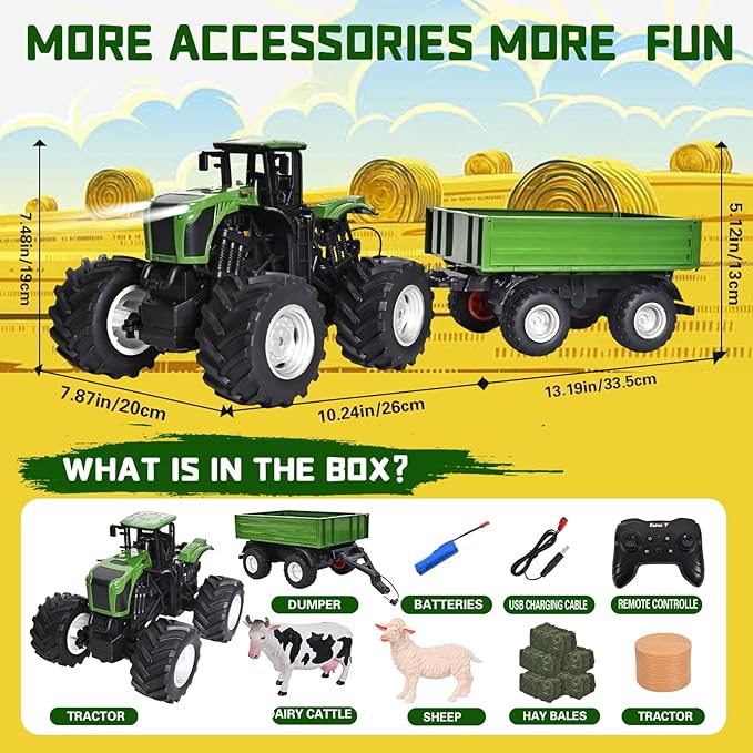 Remote Control Tractor Toy with RC Trailer -23.6 Inches 1/16 Scale RC Monster Truck- 2.4GHz Toddlers Farm Vehicle Toys Set for Boys Girls Kids Ages 3-8 Year Old Birthday Gift