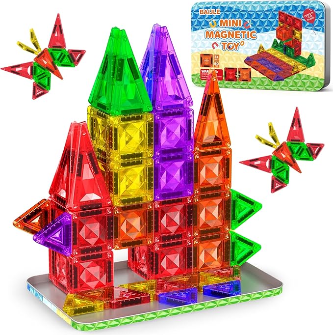 Mini Magnetic Tiles, 80PCS Diamond Pattern Travel Magnetic Tiles Building Set with Case, Construction Toys for Kids 4-8 Portable Classroom Educational Learning Toddler Toys for Boys Girls Gift Ages 3+