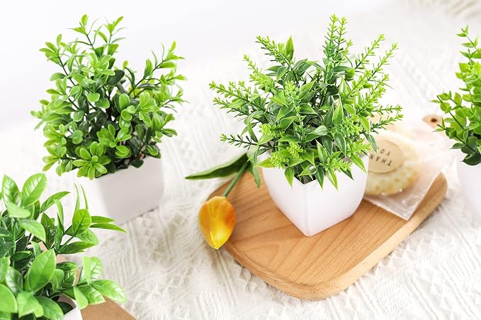 Der Rose 4 Pack Fake Plants, Greenery Potted Plants for Home Decor Indoor | Unique artificial plants, no-care potted greenery, for desk table windowsill bathroom office farmhouse and classroom decor