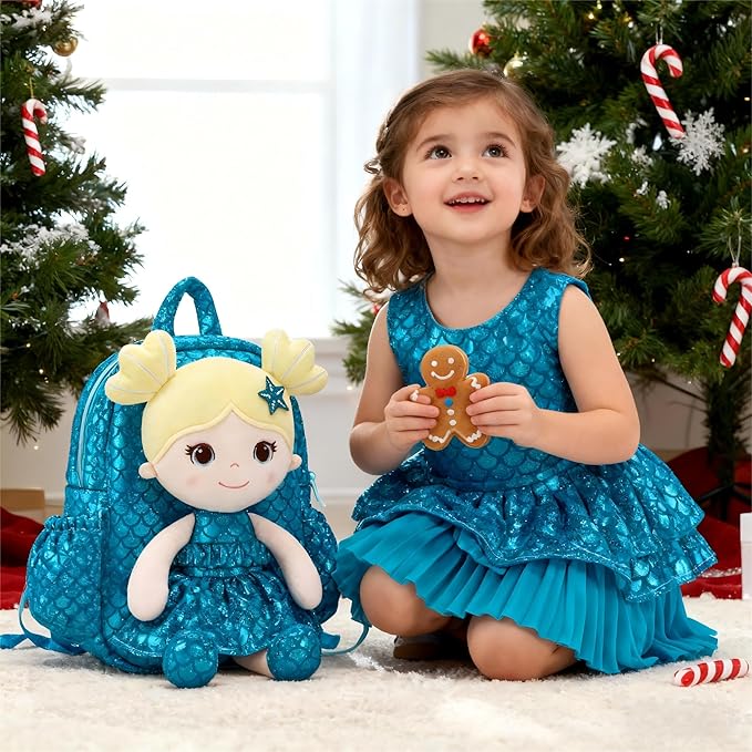 Lazada Toddler Backpack - Baby Girl Gifts Plush Doll Dress Backpack - Fashion Girls Tina Fish Scale Series - Blue 11Inches