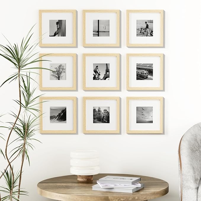 Vittanly 8x8 Picture Frames Set of 9 for Wall or Tabletop Display, OAK | Display Pictures 4x4 with Mat or 8x8 without Mat for Wall Mounting, Square Photo Frames for Home Decor, Engineered Wood