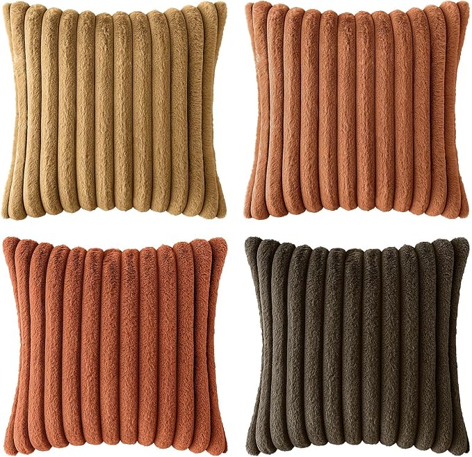 MIULEE Fall Rust Orange Faux Fur Plush Decorative Throw Pillow Covers18x18 | Set of 4, Striped, Soft Boho Farmhouse Vintage, Rustic Cozy Home Decor, Cushion Cases for Sofa Couch Bed Living Room