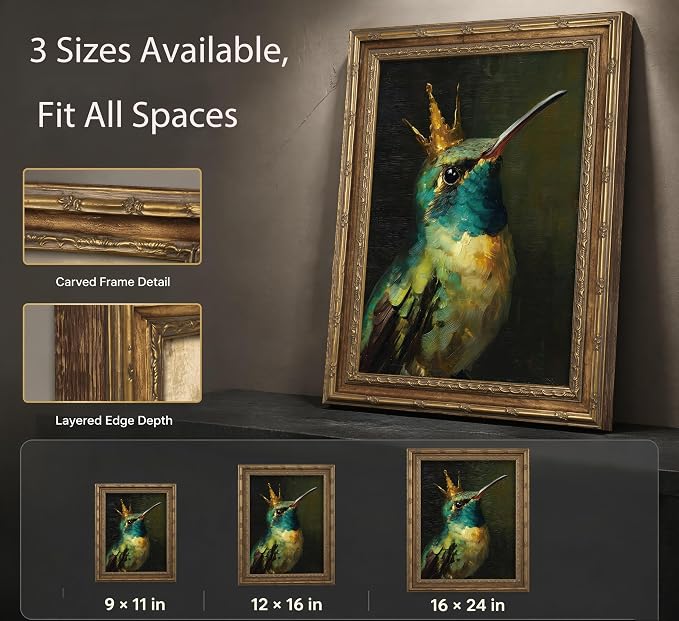 Vintage Gold Framed Canvas Wall Art Whimsical Hummingbird Painting Picture Wall Decor Boho Bird Poster Print Artwork for Living Room Bedroom Home Decoration