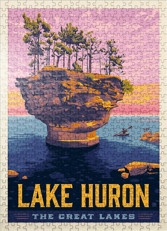 MyPuzzle Great Lakes: Lake Huron, Vintage Poster - Premium 500 Piece Jigsaw Puzzle for Adults