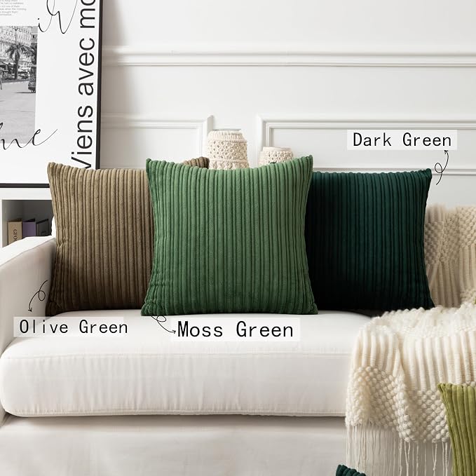 UGASA Velvet 20x20 Inch Soft Throw Pillow Cover Decorative Striped Corduroy Both Sides Solid Square Cushion Case Boho Farmhouse for Couch Bedroom Sofa Home, 1 Piece, New-Dark Green
