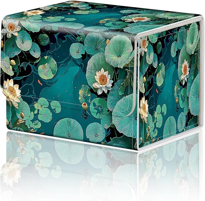 Card Game Storage Box TCG Deck Box MTG Card Box Organizer Trading Card Case Commander Deck Box TCG Card Storage Box Magnetic Closure Creative Pattern Up to 200 Cards, Green Pond Lotus Leaves