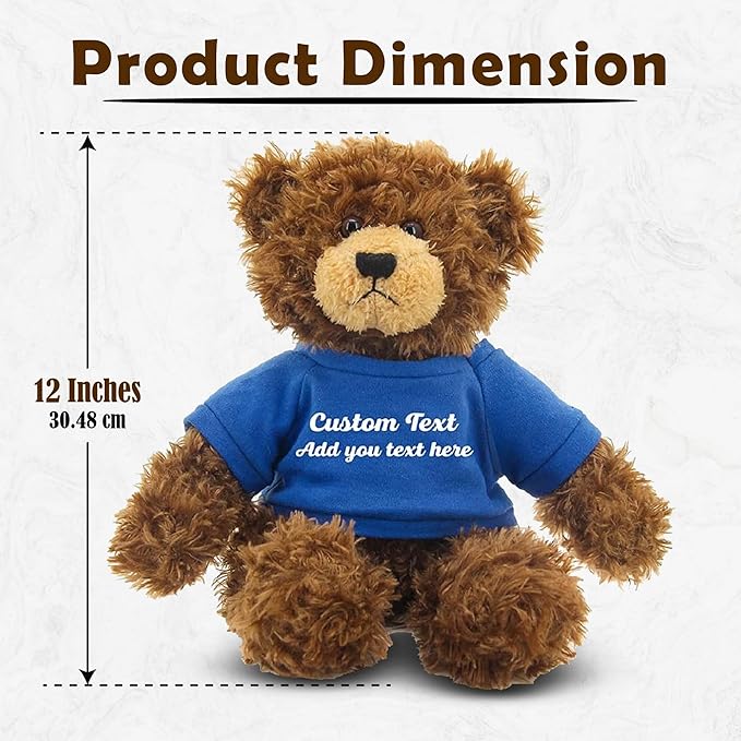 Customized Chocolate Brandon Bear - 12 inch Personalized Stuffed Bear Plush Toy - Perfect Custom Shirt Bear Gift for Graduation Valentines Graduation Easter Holidays (Royal Blue Shirt)
