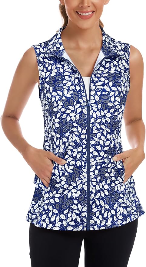 Women's Golf Vest with Pleated Tennis Skirt Hem Lightweight Full Zip Sleeveless Athletic Shirts with Pockets