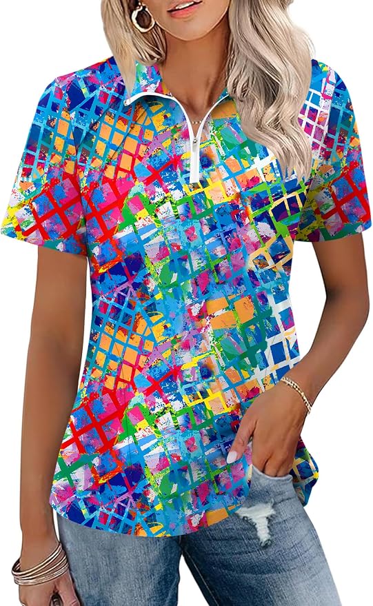 LOMON Womens Golf Polo Shirt Summer Short Sleeve Quarter Zip Outfit | Side-Pockets,Princess Seams,Cotton,Wrinkle Free,Moisture Wicking,Quick-Dry,Lightweight,Collared,for Tennis Workout