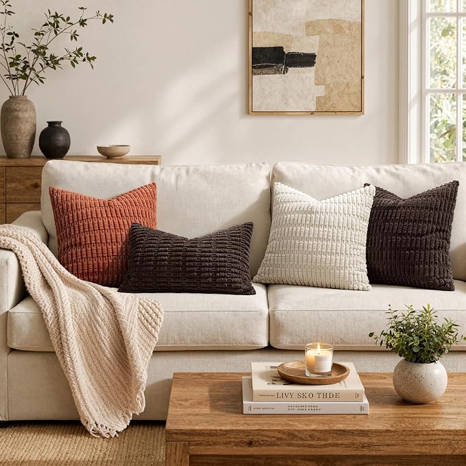 MIULEE Corduroy Decorative Throw Pillow Covers 18x18 Dark Brown Pack of 2 | Soft Boho Striped Pillow Covers Modern Farmhouse Fall Home Decor For Sofa Living Room Couch Bed