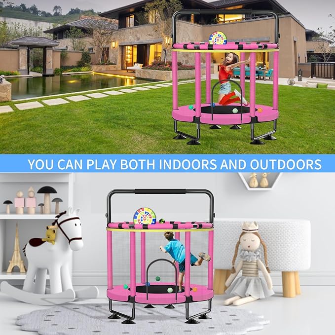 Trampoline for Kids, Upgrade Full Anti-Rust 440lbs Indoor Outdoor Toddler Trampoline with Net, 55" Adjustable Baby Toddler Trampolines Accessories Dart Board