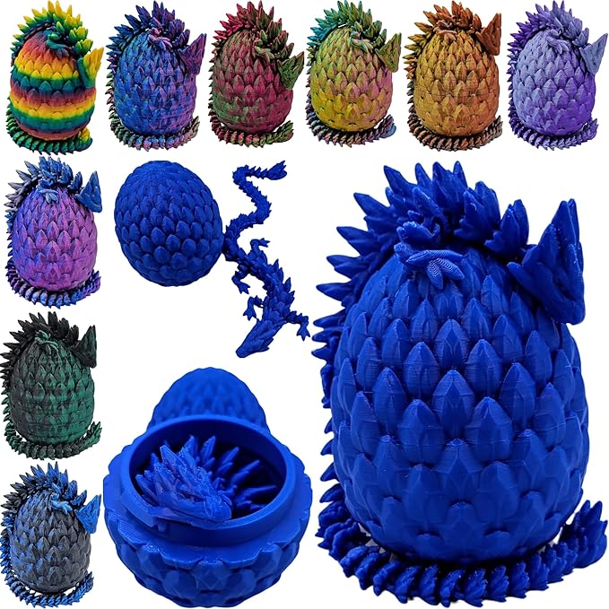 Surprise Dragon Egg Articulating Gemstone Dragon Fidget Figurine - 3D Printed Dragons Flexible ADHD, Autism, Relief Anxiety - Articulated Joints (Blue)
