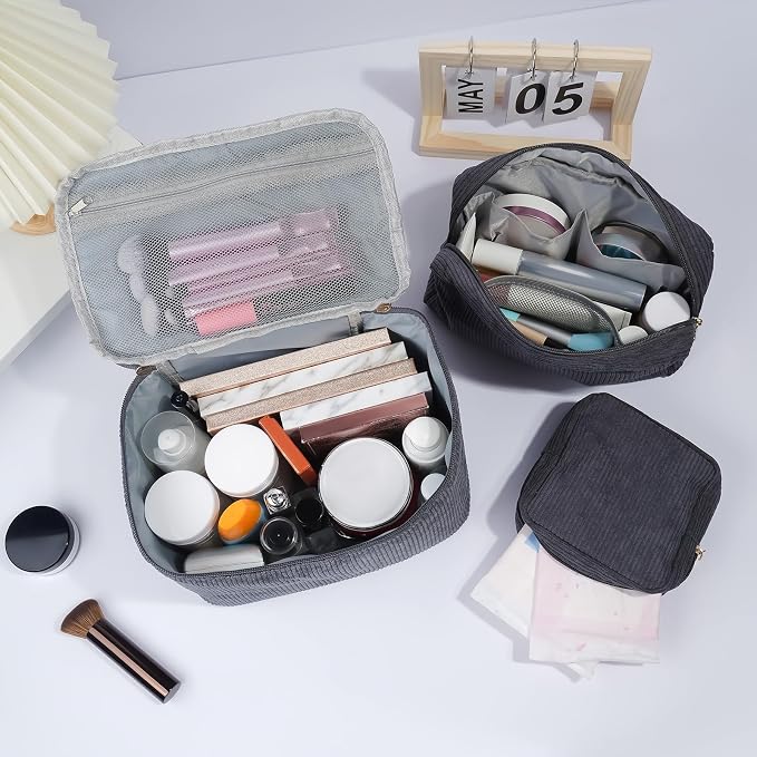 MAGEFY Small Makeup Bag for Purse Mini Cosmetics Bag Corduroy Cute Cosmetic Pouch for Women with Slip-in Pockets