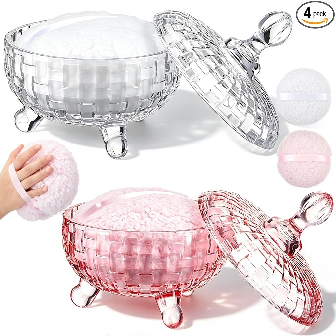 Tioncy 2 Set Extra Large Body Powder Puff and Container, 6'' Washable Vintage Decorative Crystal Powder & Container Gift for Bathroom Counter & Feminine Vanity Decor(Weave Design,Pink and Clear)