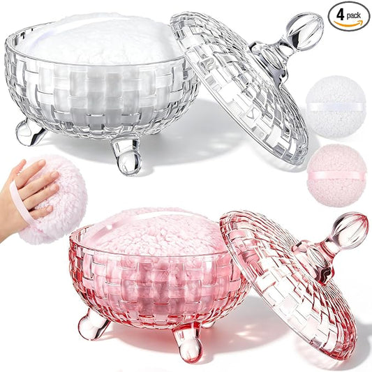 Tioncy 2 Set Extra Large Body Powder Puff and Container, 6'' Washable Vintage Decorative Crystal Powder & Container Gift for Bathroom Counter & Feminine Vanity Decor(Weave Design,Pink and Clear)