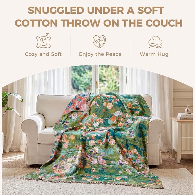 LUTBM Boho Throw Blanket for Bed 60"x80", All Season Cotton Couch Blankets | Reversible Green Garden Embroidery, Soft Twin Quilt, For Chair Sofa Living Room Bedroom, Lightweight Gauze, Home Decor Gift
