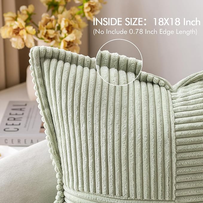MIULEE Decorative Throw Pillow Covers for Couch 18x18 Inch Light Green | 2 Pack, Boho Broadside Striped Patchwork Pillow Covers, Soft Corduroy Cushion Cases, For Sofa Bed Livingroom Home Decor