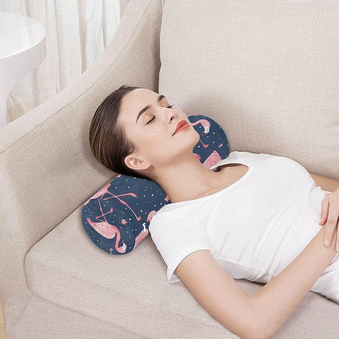 Deep Blue Flamingos and Stars Neck Roll Pillow Bolster Round Health Memory Foam Long Cervical Cylinder Pillows with Removable Washable Cover for Body Bed Legs Back Yoga