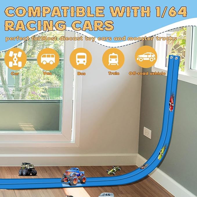 Flex Track 15 Ft Starter Set, Flexible Race Car Ramp Track for Ages 3 & Up with Suction Cups Compatible with Hot Wheels and Diecast 1/64th Cars (Blue)