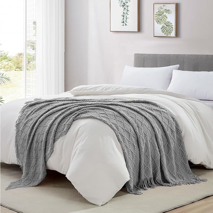 BOURINA Light Grey Throw Blanket 50 x70 Inch Jacquard Throw Knitted Blanket | Jacquard Argyle Throw Textured Solid Soft Throws and Blankets for Sofa or Bed Knitted Decorative Blanket