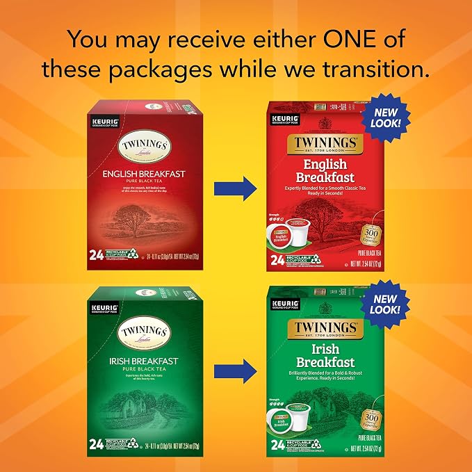 Twinings English Breakfast Black Tea K-Cups for Keurig, 24 Count (Pack of 1) + Irish Breakfast Black Tea K-Cups for Keurig, 24 Count (Pack of 1)