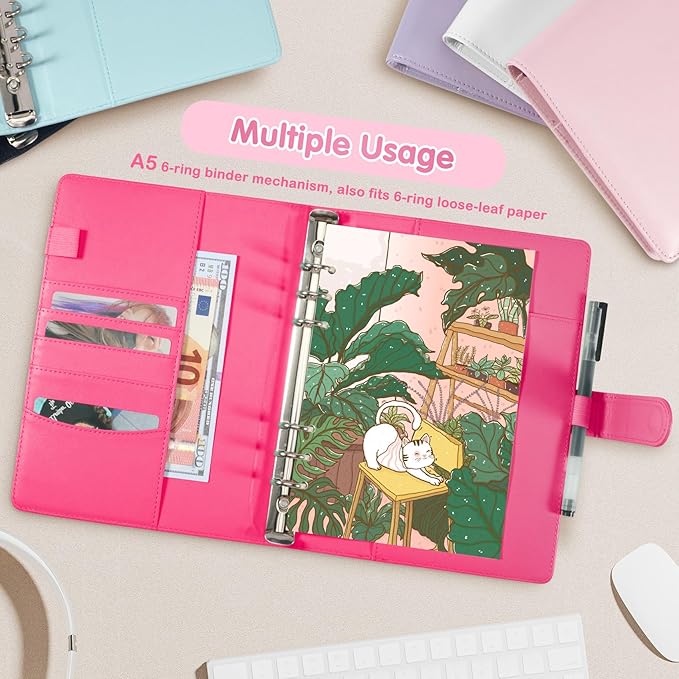 A5 Kpop Photocard Binder, PU Leather 6-Ring Album with Magnetic Closure, Includes 30 Pack 4-Pocket Pages for 240 Cards, Card Holder for Trading and Collectible Cards (Rose)