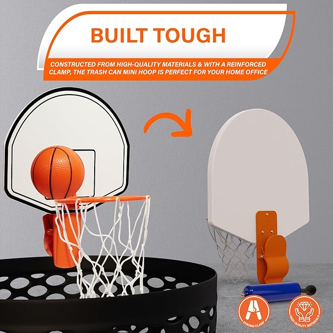Mini Basketball Trash Can Hoop Set – Clip-On Hoop with Backboard, Inflatable Ball & Pump – Indoor Office Desk or Dorm Game for Kids & Adults, Fun Gift Idea for Home or Work
