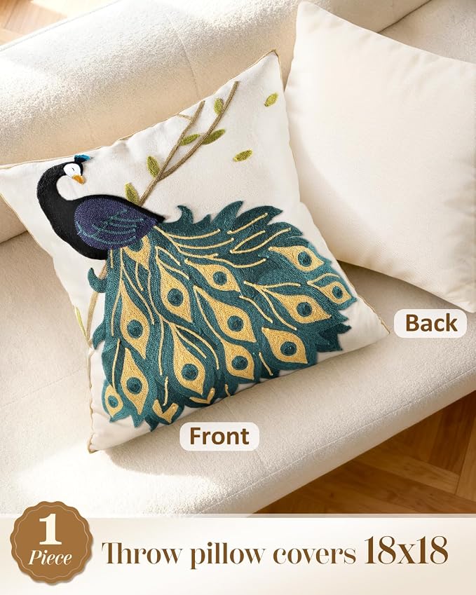 Animal Embroidered Throw Pillow Cover 18x18 Inch, Peacock | Decorative Pillow Cover, Boho Cushion Cases with Hidden Zipper, Country Decor for Couch, Sofa, Living Room, Bedroom
