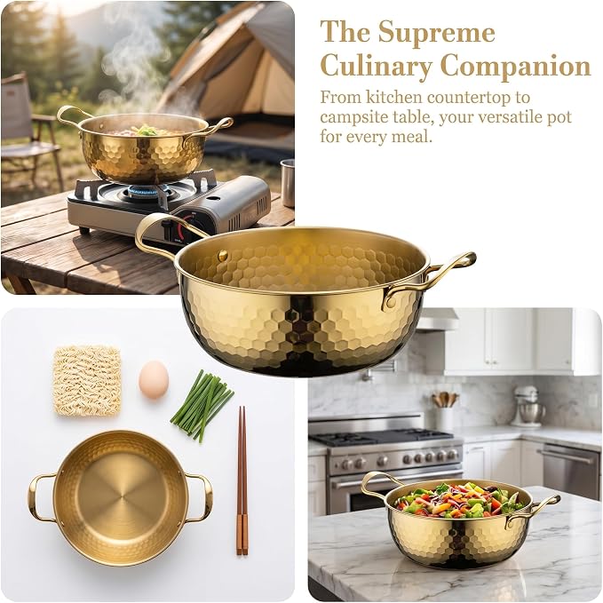 Generic Gold 18cm Stainless Steel Ramen Pot, Instant Noodle Cooking Pot for Home, Camping, Picnic, Restaurant