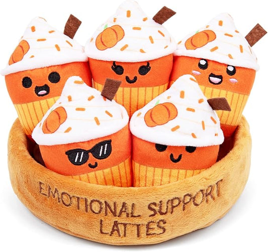 Emotional Support Lattes by Relatable, Soft & Cuddly Fall Plushies for Love Ones of All Ages, The Perfect Fall Gifts for Back to School, and Teacher Desk Buddy, Includes 5 Latte Plushies with Basket