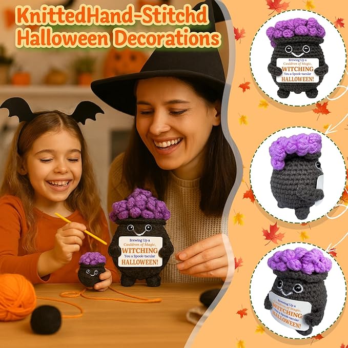 MAMAGIFTREE Crochet Cauldron Plush - Spooky Cute Halloween Decorations for Witchy Desk Decor, Mini Amigurumi Figurine for Tiered Tray, Kawaii Witchy Gift