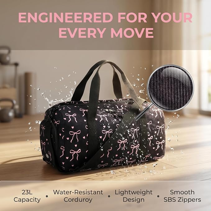 Gym Bag Sports Duffle Bag with Wet Pocket Weekender Overnight Bags with Waterproof Shoe Pouch and Air Hole for Girls Kids Women Workout Travel Bags (Bow Tie Black)